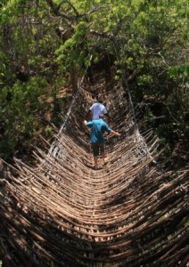 Marcus negotiating the basket-bridge